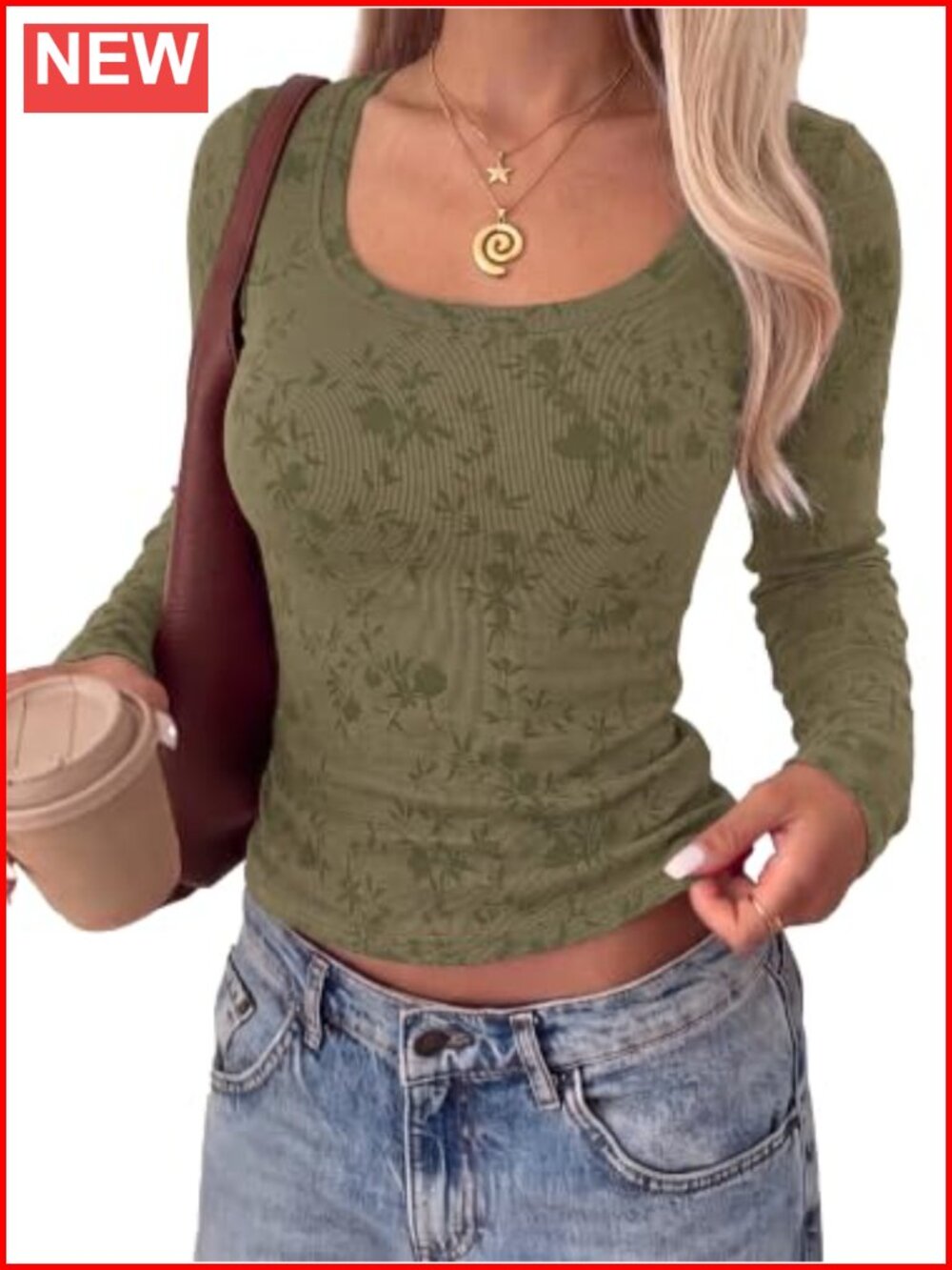 Women's Long Sleeve Scoop Neck Ribbed Slim Fit Floral Top